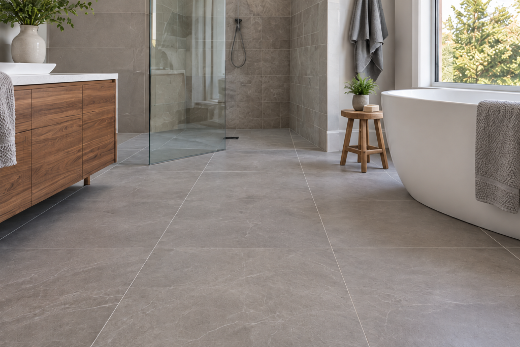 Illustrative porcelain tile flooring in a modern bathroom