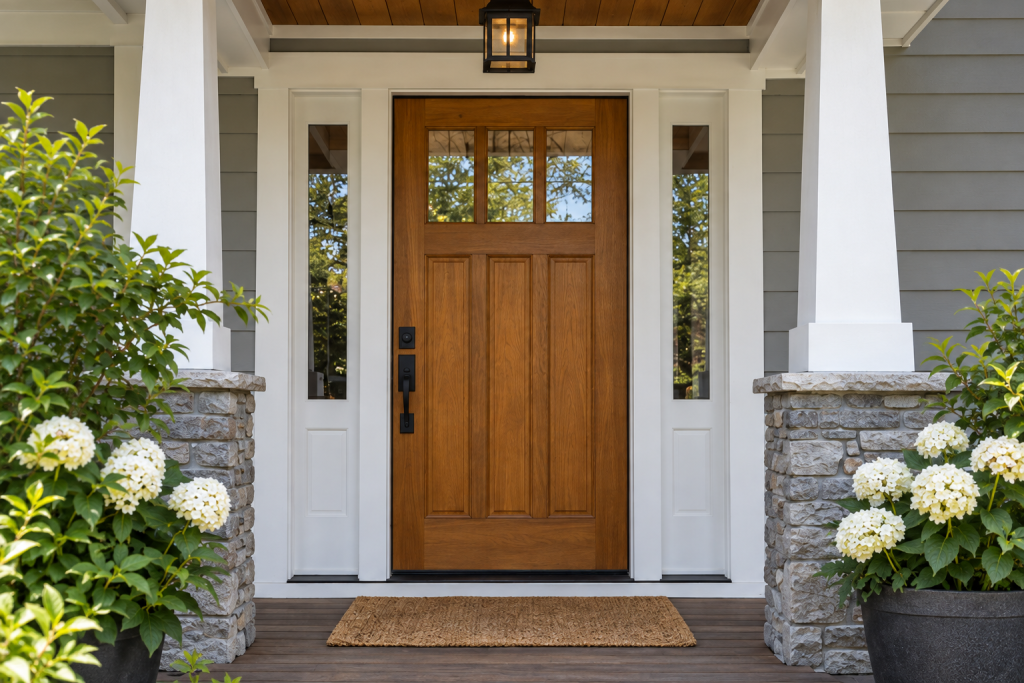 Illustrative wood entry door on a craftsman home