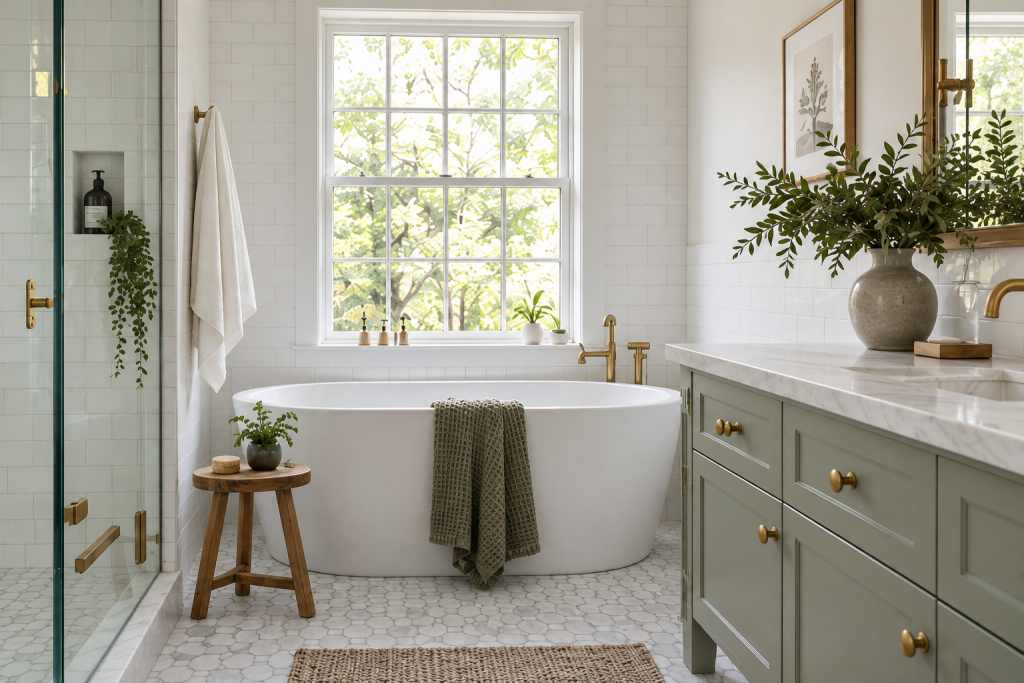 Illustrative bright bathroom with tub and sage vanity