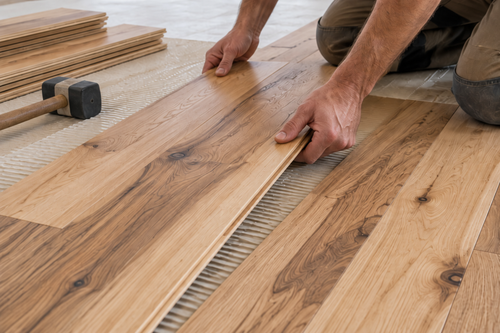 Illustrative flooring craftsperson installing oak floorboards