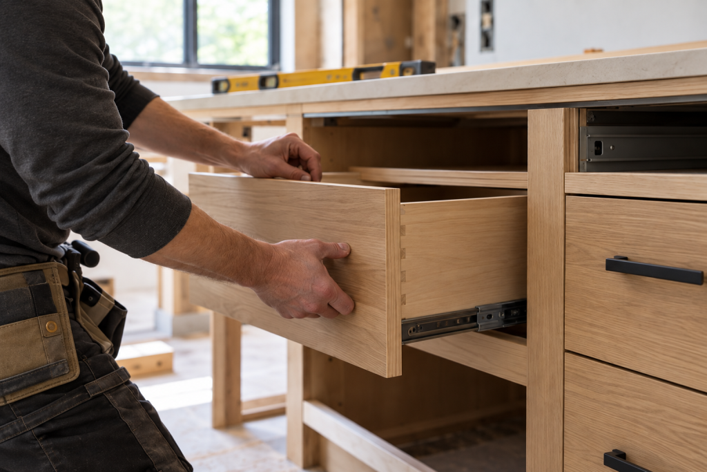 Illustrative kitchen cabinet drawer installation