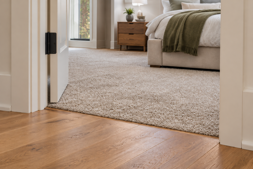 Illustrative carpet and hardwood transition at a bedroom doorway