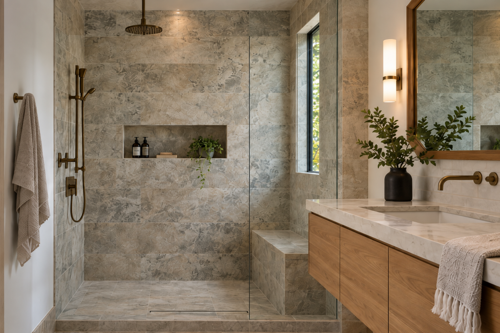 Illustrative walk-in shower with natural stone tile and a wood vanity