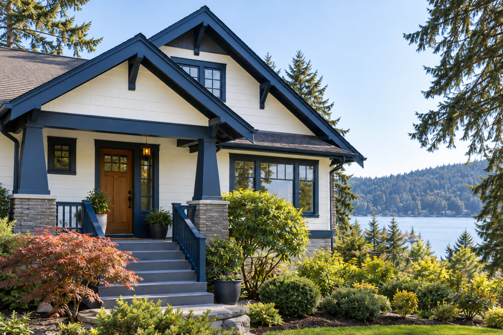 Illustrative freshly painted white and navy home exterior