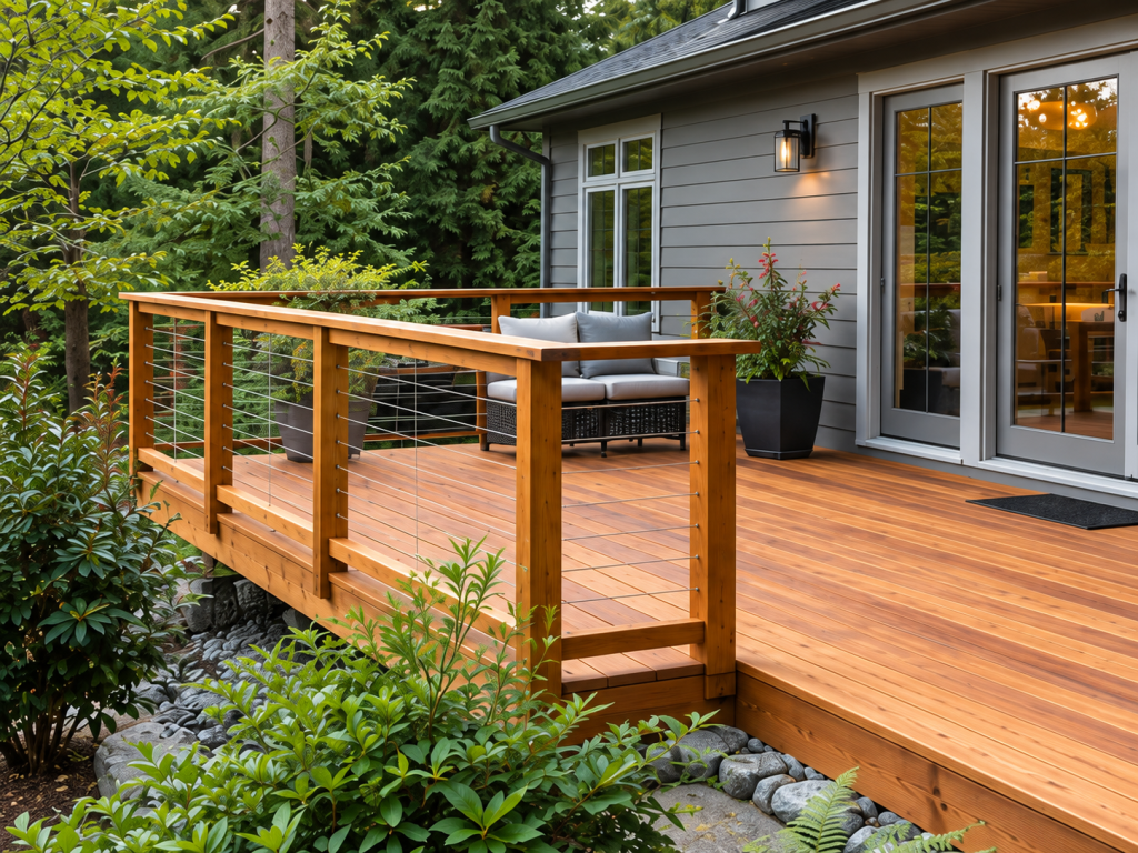 Illustrative cedar deck beside a gray home