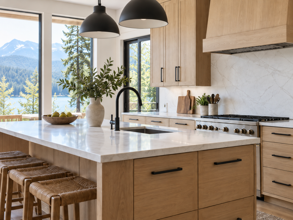 Illustrative white oak kitchen with light countertops