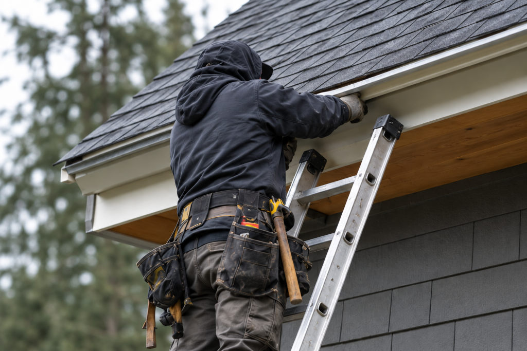Illustrative roofer repairing a shingle roof at the eaves