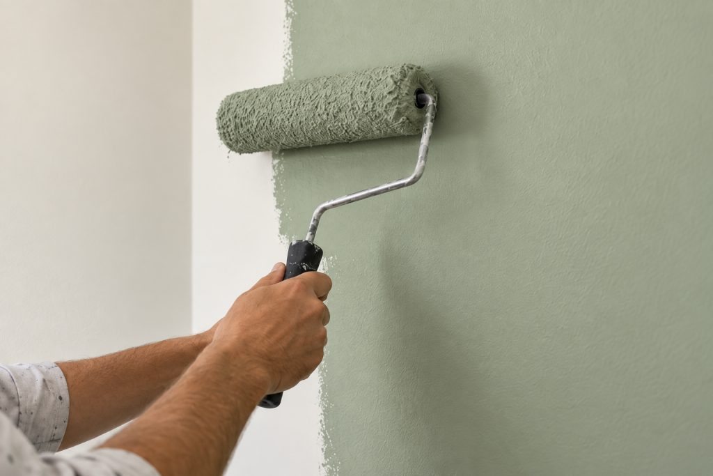 Illustrative painter applying pale green paint to an interior wall