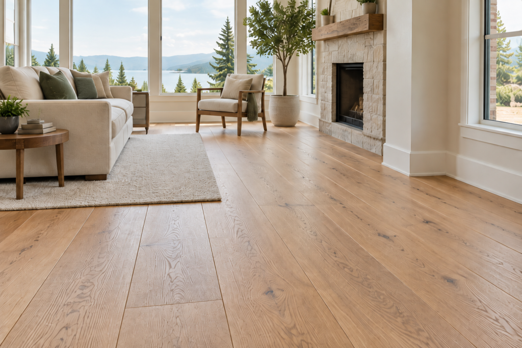 Illustrative oak hardwood flooring in a bright living room