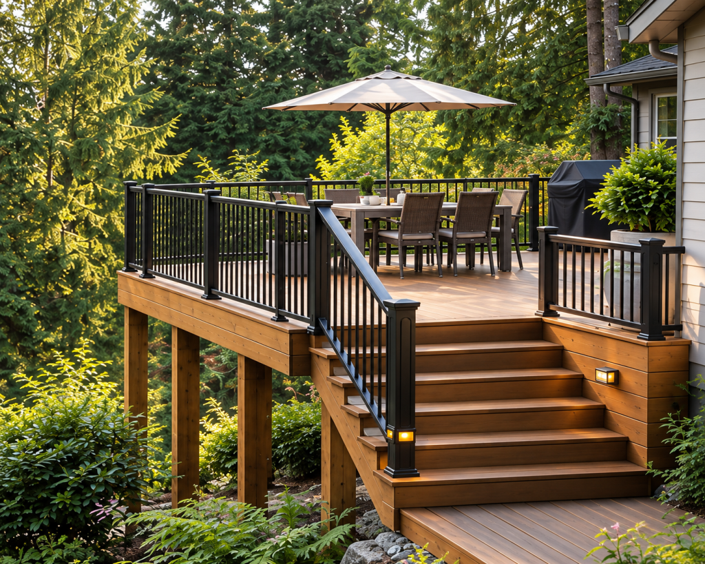 Illustrative elevated outdoor deck with dining area