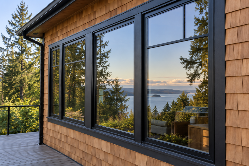 Illustrative replacement windows on a cedar home exterior
