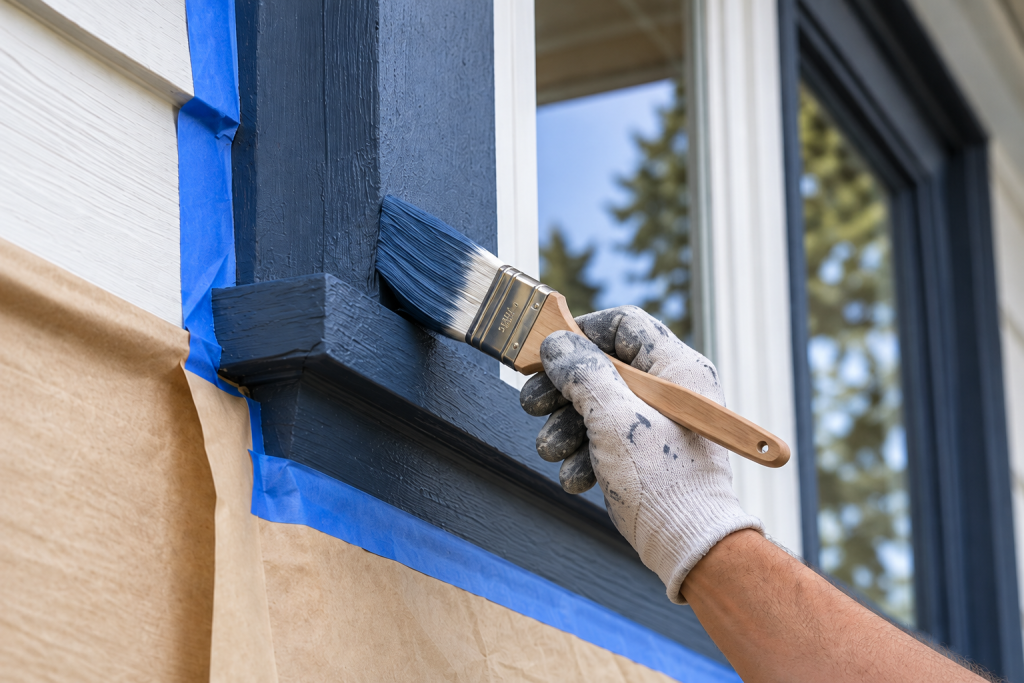 Illustrative painter finishing exterior window trim